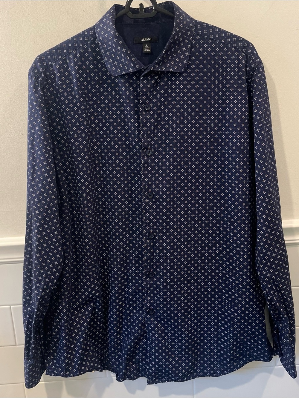 Alfani Navy Pattern Button-up Long Sleeve Shirt